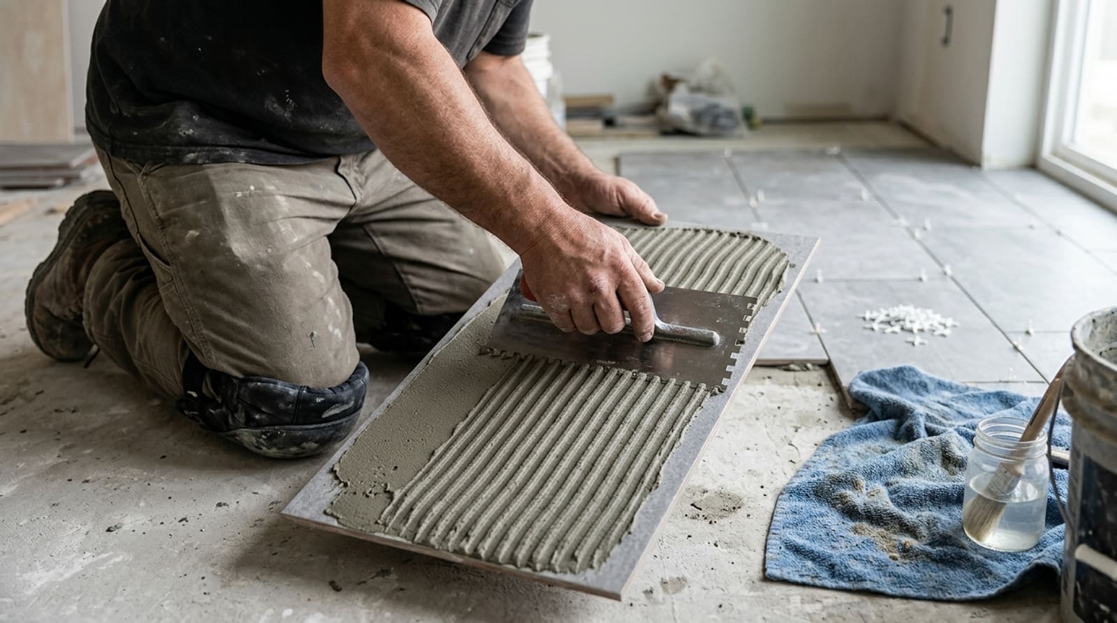 A tile setter back-buttering a porcelain tile with a notched trowel